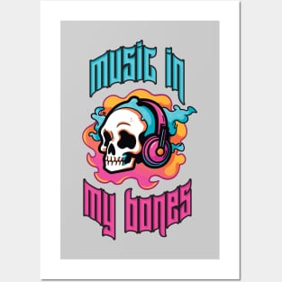 Music in My Bones. Colorful Skull Wearing Headphones. Creepin it real Posters and Art